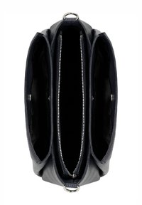 Skórzana torba na ramię z trzema przegródkami, w ciemnonawowym kolorze, z zamkami błyskawicznymi i srebrnymi akcentami metalowymi. Wnętrze wyłożone czarnym materiałem.