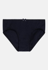 Marineblaue Baumwollunterwäsche mit glattem Material, verziert mit einem gewellten Saum und einer kleinen Satinschleife in der Mitte vorne. Schlichte Slipform.