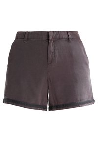 Shorts gris foncé fabriqués dans un mélange de coton doux, avec une texture lisse, une coupe classique et une bordure noire contrastante le long de l'ourlet.