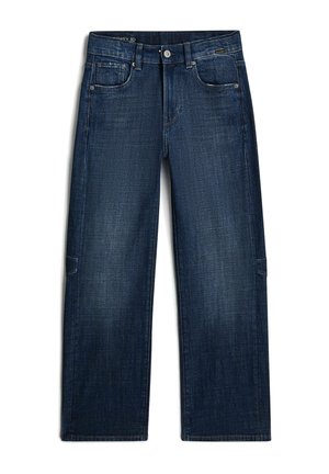 Dunkelblaue Jeans mit geradem Bein, Fronttaschen, Knopf- und Reißverschluss sowie Gürtelschlaufen, flach auf weißem Hintergrund liegend.