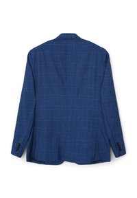 Blazer a quadretti blu con una forma strutturata, due bottoni sulle maniche e un tessuto dalla texture liscia. La vista posteriore mostra un design sartoriale.