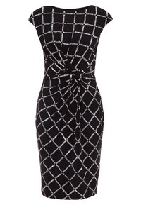 Black dress with a white grid pattern, cap sleeves, and ruched detailing at the waist. Smooth fabric texture with a fitted silhouette.