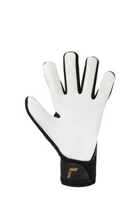 Guante de portero blanco con detalles en negro, que presenta una superficie de agarre texturizada, dedos flexibles y una correa de muñeca segura con marca.