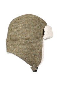 Kasket med fiskebensmønster i brune og olivengrønne nuancer, med blødt hvidt fleecefor og øreklapper; justerbar rem ved hagen.