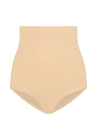 Slip beige a vita alta modellante con texture liscia e design senza cuciture, caratterizzato da un taglio basso sulle gambe e senza hardware o dettagli visibili.