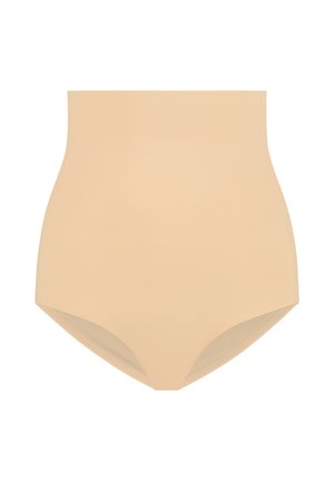 Culotte modelante taille haute beige avec une texture lisse et un design sans couture, présentant une découpe basse au niveau des jambes et sans matériel ou accents visibles.