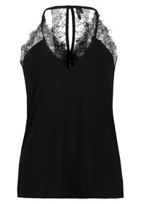 Svart linne med V-ringning, spetsdetaljer längs axlarna och knytning i ryggen. Mjuk tyg med en avslappnad passform.