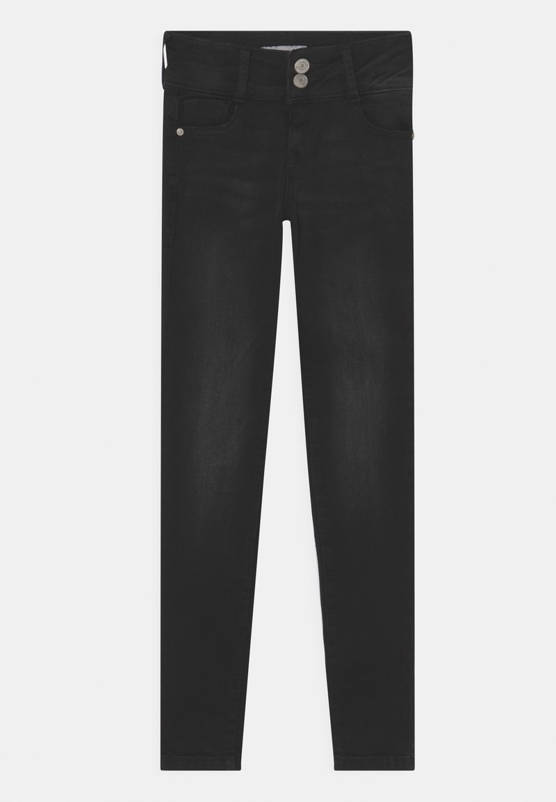 Zwarte skinny jeans van denim, met een sluiting met twee knopen, vijf zakken en een gladde textuur. Geen zichtbare patronen of versieringen.