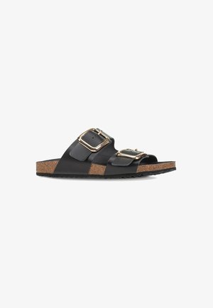 Zwarte slide sandalen met twee brede banden en gouden gespen, kurken zool met een gestructureerd oppervlak en een rubberen buitenzool.