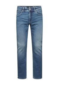 Jeans de mezclilla azul con un ligero desgaste en los muslos y las rodillas, con bolsillos frontales, presillas para cinturón y cierre de botón.