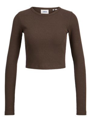 Top corto a maniche lunghe marrone a coste con scollo rotondo. Il tessuto è liscio e presenta un design aderente, con una minima etichettatura all'interno.