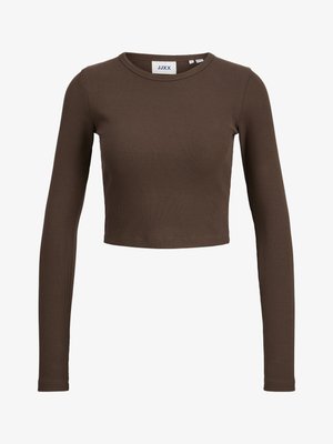 Bruine ribgebreide lange mouwen crop top met een ronde hals. De stof is soepel met een getailleerd ontwerp, met minimale branding op het binnenlabel.
