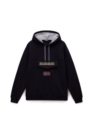 Marineblauwe hoodie met grijze voering, voorzien van een voorzak, logo patch en een geborduurde Noorse vlag. Gemaakt van zachte stof, met een ontspannen pasvorm.
