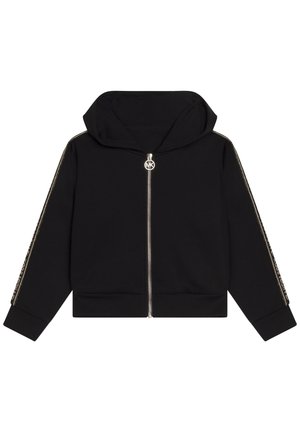 Sudadera con capucha negra con cremallera plateada, con capucha forrada y franjas laterales con acentos dorados en cada manga. Tejido suave y liso.