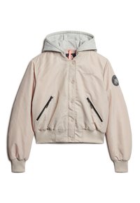Lyserød cropped jakke med grå hætte, der har lynlåslommer på siden og ribbede manchetter. Stoffet har en glat overflade.