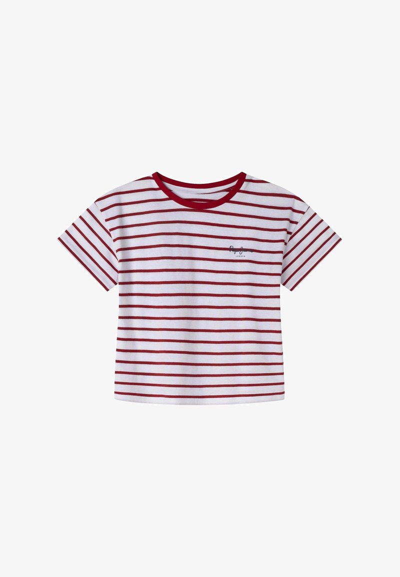 Proužkované tričko s krátkým rukávem v bílé a červené barvě, s kulatým výstřihem a malým logem na přední straně. Bavlněný materiál.