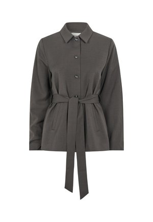 Dark gray button-up jacket with a collar, long sleeves, waist tie, and two side pockets. Made of smooth fabric with a structured design.