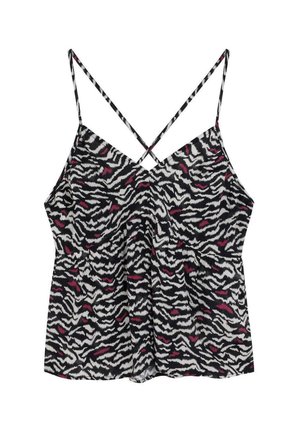 Schwarz-weiße Camisole mit Zebra-Muster, verstellbaren Spaghettiträgern und Raffung, in einem lockeren Schnitt aus leichtem Stoff gefertigt.