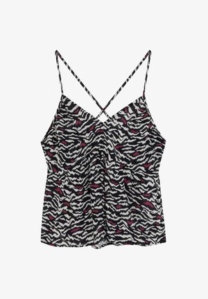 Schwarz-weiße Camisole mit Zebra-Muster, verstellbaren Spaghettiträgern und Raffung, in einem lockeren Schnitt aus leichtem Stoff gefertigt.