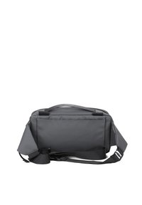 Grau Messenger-Bag aus strapazierfähigem Stoff, mit einem breiten Schultergurt, mehreren Fächern und einem schlichten rechteckigen Design.