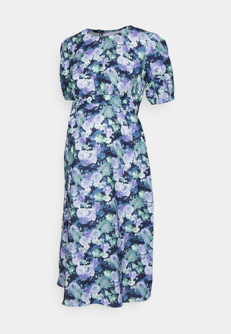 Robe midi florale avec un fond marine et des fleurs vertes et violettes, des manches courtes bouffantes et une taille cintrée pour une silhouette définie.