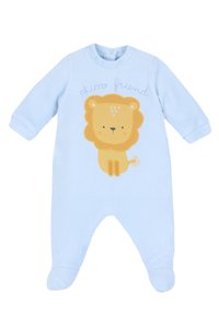 Lichtblauw baby rompertje van zachte stof met lange mouwen. Heeft een gele leeuw graphic en de tekst "chicco friend" er boven.