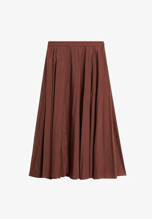 Brauner, midi-langer Rock aus leichtem Stoff. Verfügt über ein plissiertes Design und einen elastischen Taillenbund. Glatte Textur ohne sichtbare Muster.