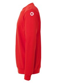 Sweat-shirt rouge à manches longues, avec des poignets côtelés et un col rond. Il arbore un logo blanc sur l'épaule gauche. Fabriqué en tissu doux.