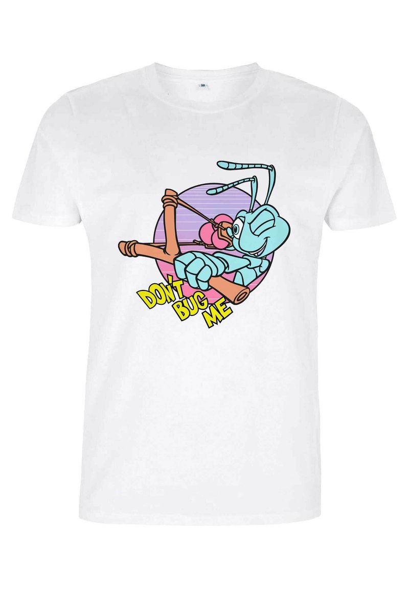 Hvid bomulds T-shirt med en tegneserieinsekter med en slangebøsse og teksten "DON'T BUG ME" i gult, sat mod en lilla cirkulær baggrund.
