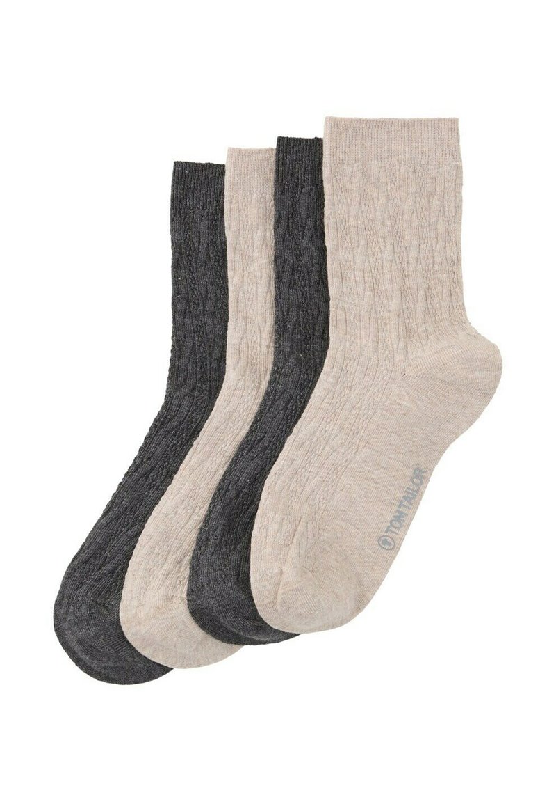 Négy pár kötött zokni bézs és sötétszürke színekben. Bordás textúrával és kerek orrheggyel rendelkeznek. Az egyik páron a márka logója jól látható.