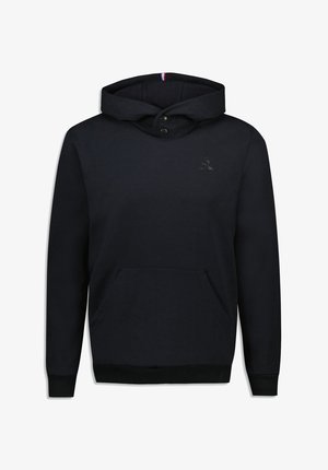 Felpa nera con cappuccio e tasca a marsupio, caratterizzata da un collo tondo con bottoni a pressione e un piccolo logo sul petto.