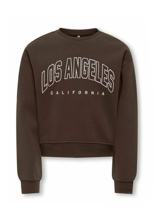 Sweat-shirt marron à manches longues avec col rond, avec « LOS ANGELES » en grandes lettres blanches et « CALIFORNIA » en lettres plus petites en dessous.