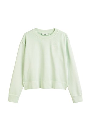 Mintgrüner, verkürzter Sweatshirt, weicher Stoff, runder Ausschnitt, lange Ärmel, gerippte Bündchen und Saum, mit einem kleinen, geprägten Logo auf der Brust.