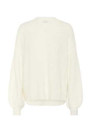 Weißer Strickpullover mit rundem Halsausschnitt, überschnittenen Schultern und langen, leicht schmal zulaufenden Ärmeln. Weiche Textur und lässige Passform.