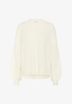 Weißer Strickpullover mit rundem Halsausschnitt, überschnittenen Schultern und langen, leicht schmal zulaufenden Ärmeln. Weiche Textur und lässige Passform.