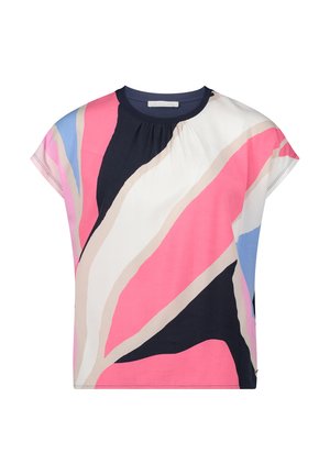 Kortærmet bluse med rund hals og abstrakte farveblokke i pink, navy, hvid, beige og blå på letvægtsstof.