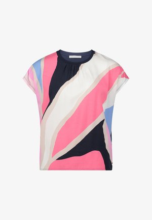 Kortærmet bluse med rund hals og abstrakte farveblokke i pink, navy, hvid, beige og blå på letvægtsstof.