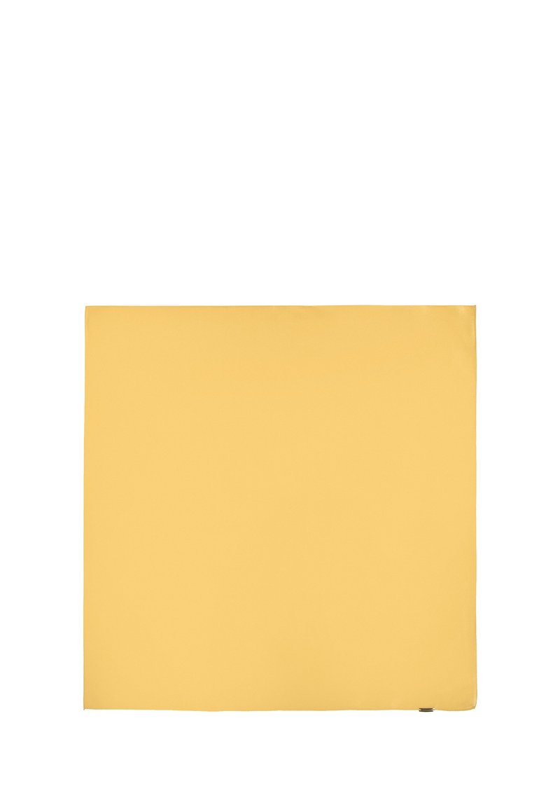 Tessuto rettangolare giallo con una texture liscia, con bordi diritti e una leggera lucentezza. Nessun motivo o hardware visibile.