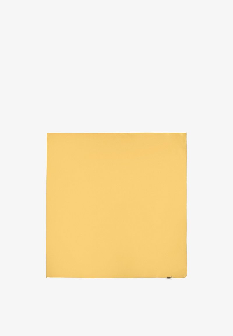 Tessuto rettangolare giallo con una texture liscia, con bordi diritti e una leggera lucentezza. Nessun motivo o hardware visibile.