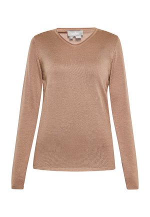 Maglione a manica lunga, scollo a V di un morbido colore beige. Presenta una texture a costine e un design aderente. L'etichetta è visibile all'interno del colletto.