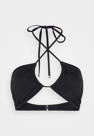 Black bikini top with soft, gathered fabric, halter neck design, crisscross straps at the back, and a secure hardware clasp.