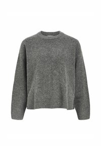 Szary sweter z dzianiny o okrągłym dekolcie, obniżonych ramionach i luźnym kroju. Miękka faktura z lekko oversize'owym kształtem.