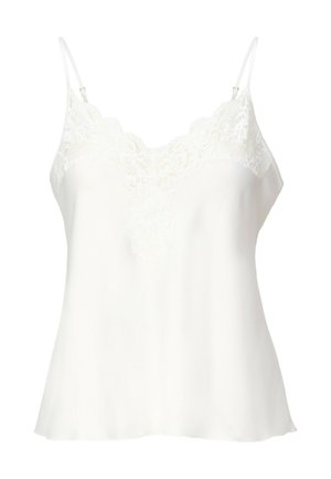 Witte zijden camisole met verstelbare dunne bandjes en een kanten afgewerkte, geschulpte halslijn.