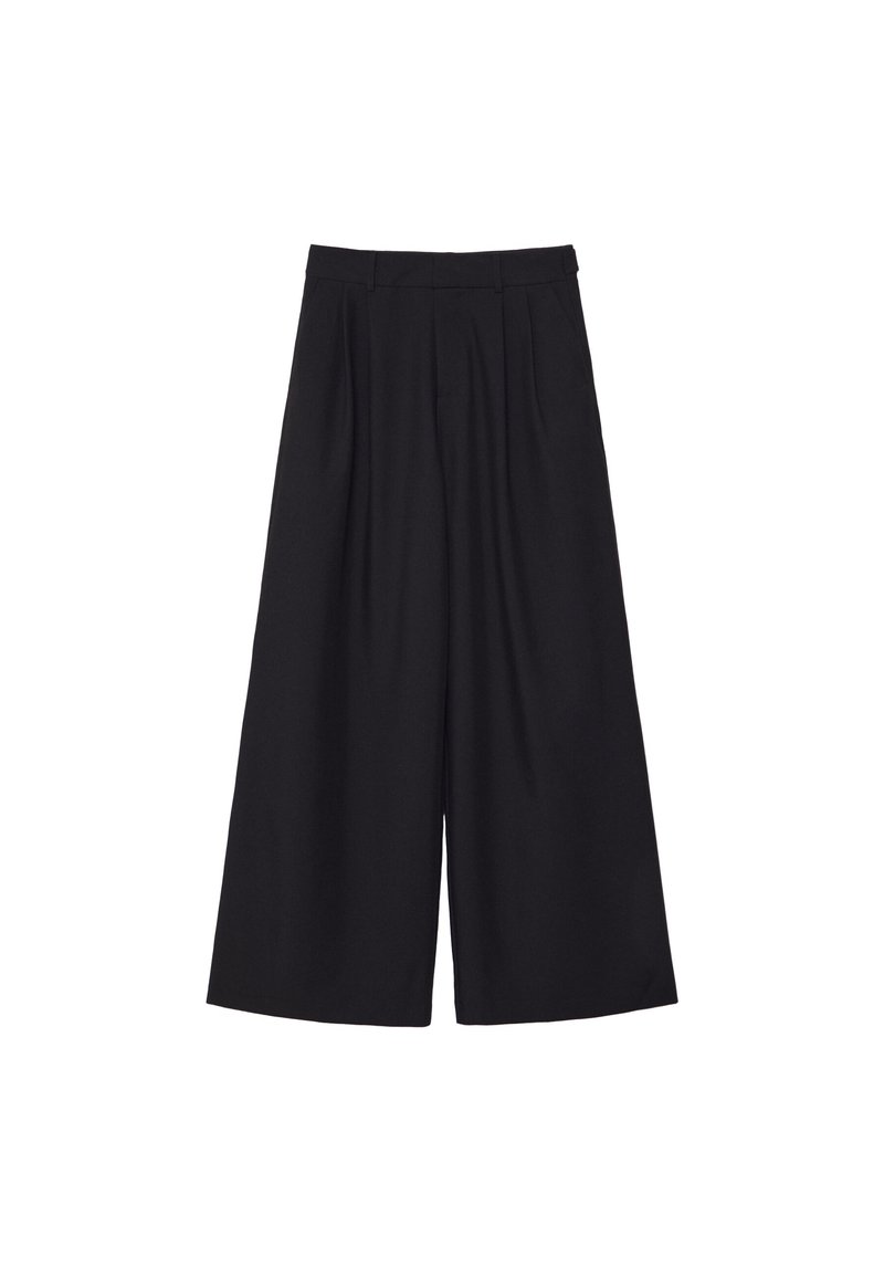 Zwarte wijde broek met plooien, gemaakt van een soepele stof. Heeft een hoge taille en een nette, op maat gemaakte snit.