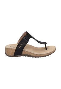 Black thong sandal with a perforated upper, cork midsole, and a textured rubber outsole. Features a cushioned footbed for comfort.