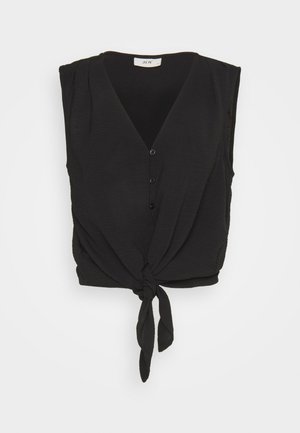 Black sleeveless blouse with a deep V-neck, front button closure, and knotted hem detail. Made from lightweight, textured fabric.