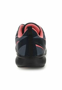Black athletic shoe with a textured exterior, pink inner lining, and pull tab. Features a smooth sole and diagonal stripe pattern on the sides.