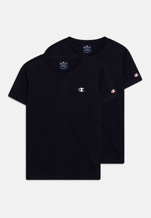 Schwarze Baumwoll-T-Shirts, Rundhalsausschnitt, kurze Ärmel, Markenlogo auf der Brust und dem Ärmel, glatte Textur, im Doppelpack.