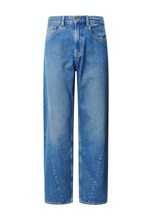 Light blue denim jeans with a high waist, wide-leg cut, and angled yoke seams. Features five pockets and a button closure.