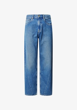 Lys blå denim jeans med høj talje, vidde ben og skrå yokesømme. Har fem lommer og knaplukning.